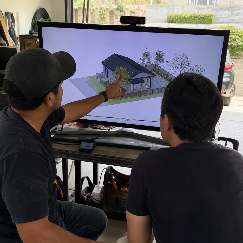 Two professionals reviewing ADU design plans on a large computer screen