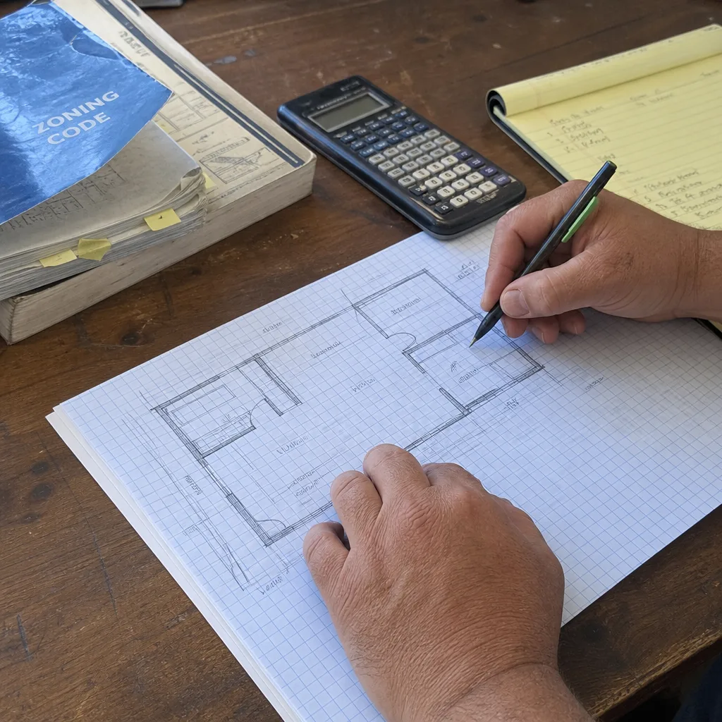 Architect designing an ADU floor plan for residential permitting.