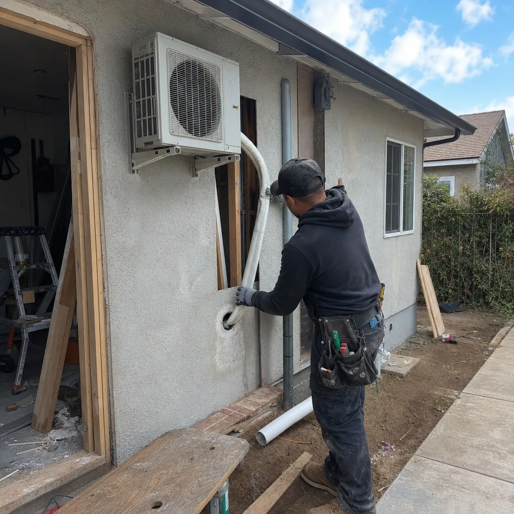 Contractor installing HVAC lines for a garage conversion ADU project.