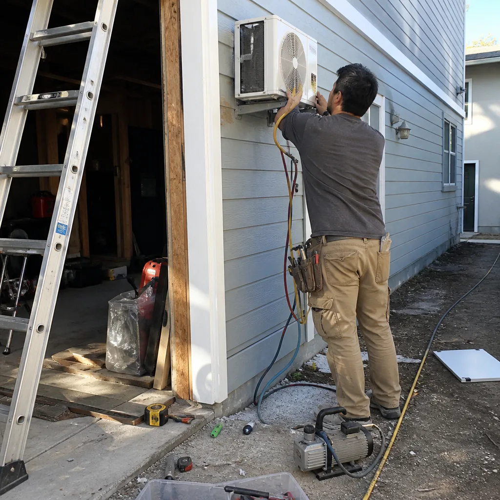 Technician installing HVAC unit for a garage conversion ADU