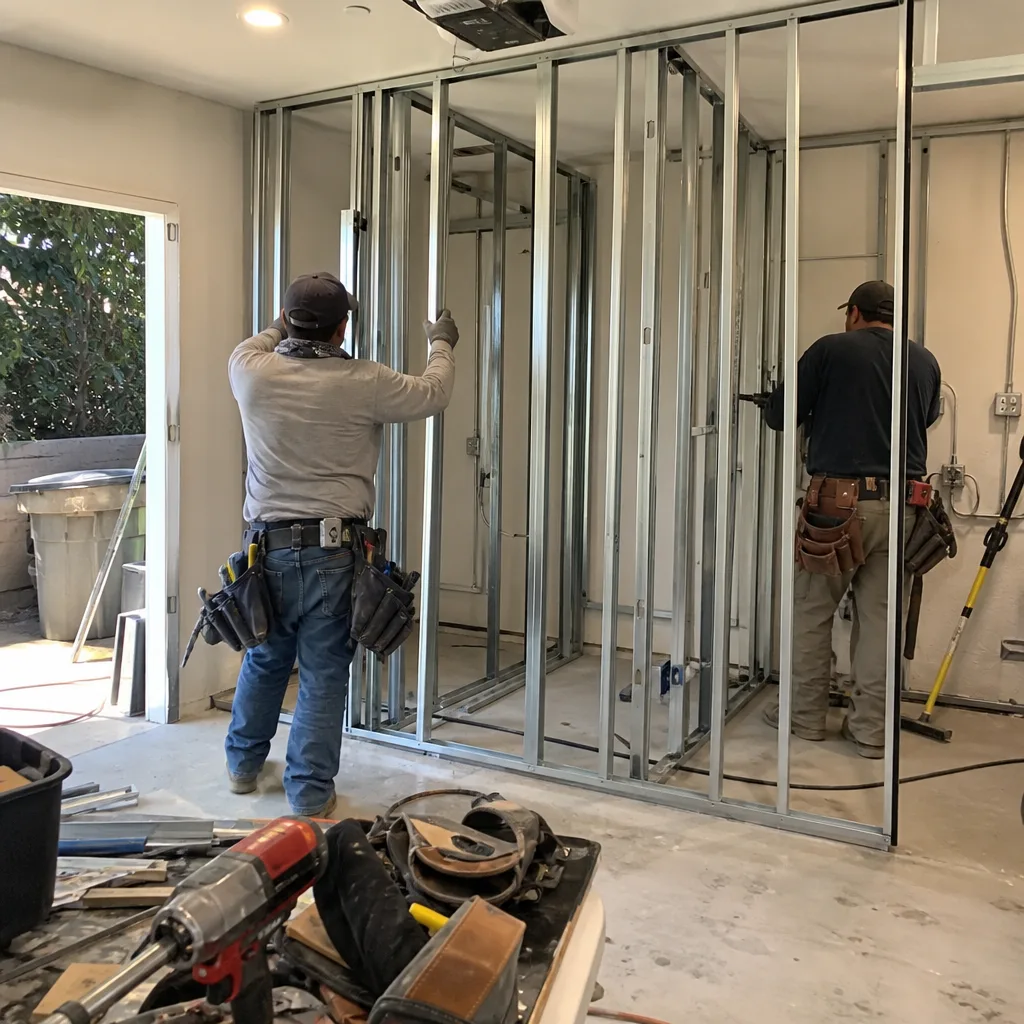 Contractors installing metal framing for a residential garage conversion ADU project