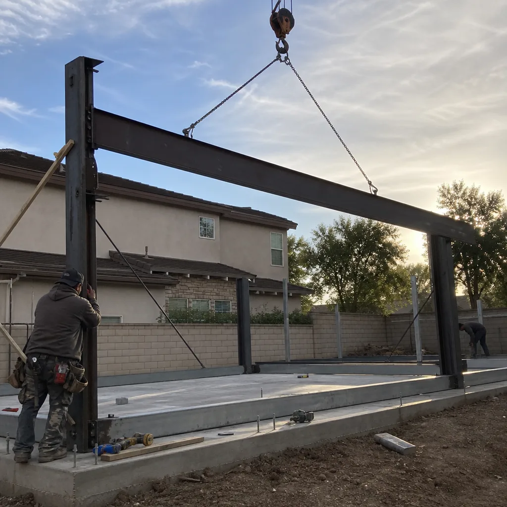 Construction worker installing steel framing for a new detached ADU