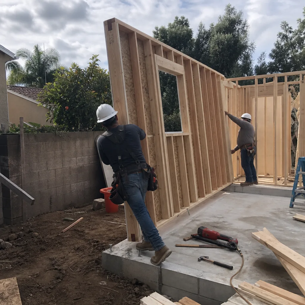 Two professional contractors framing walls for a new detached ADU build.