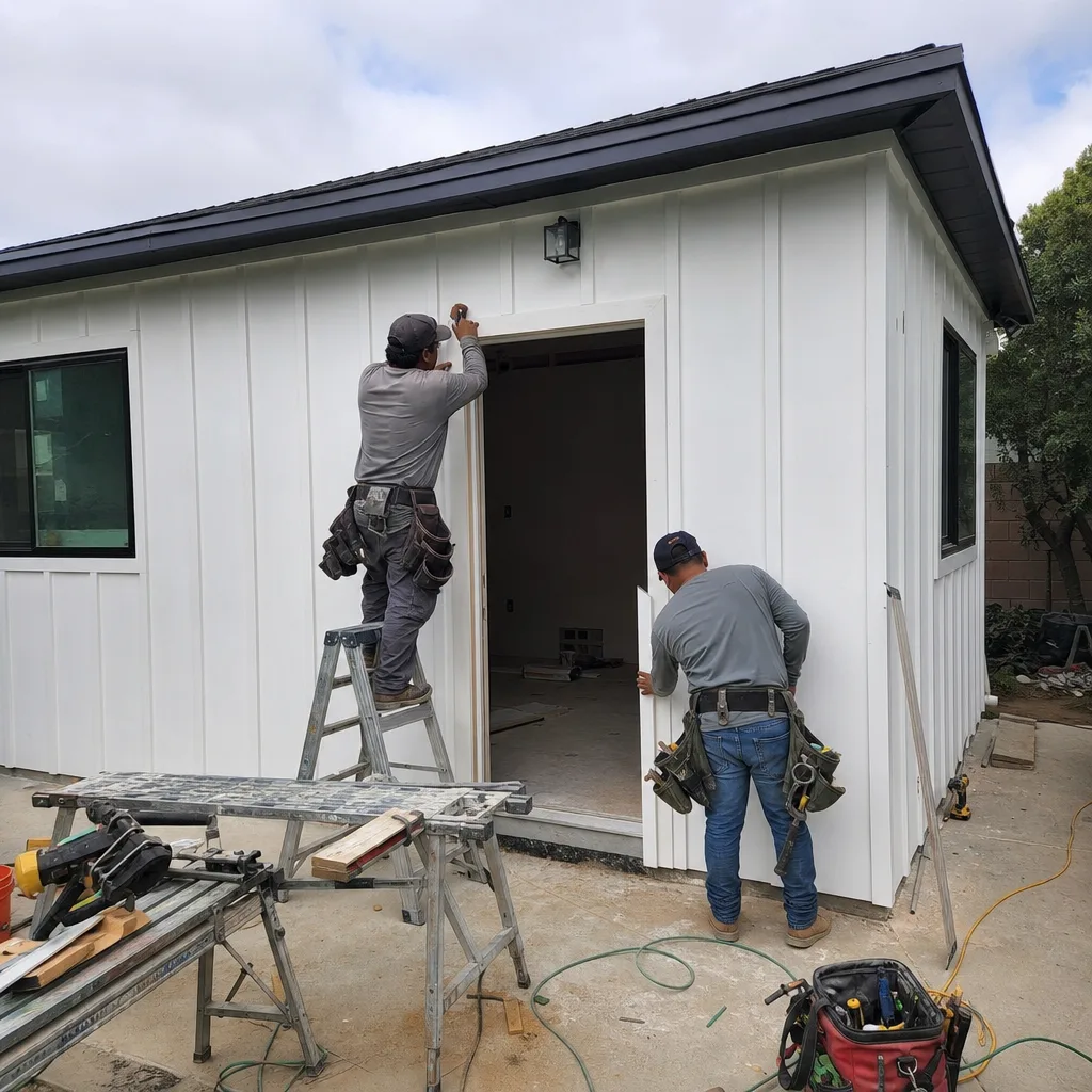 Two contractors installing white exterior siding and trim on a detached ADU